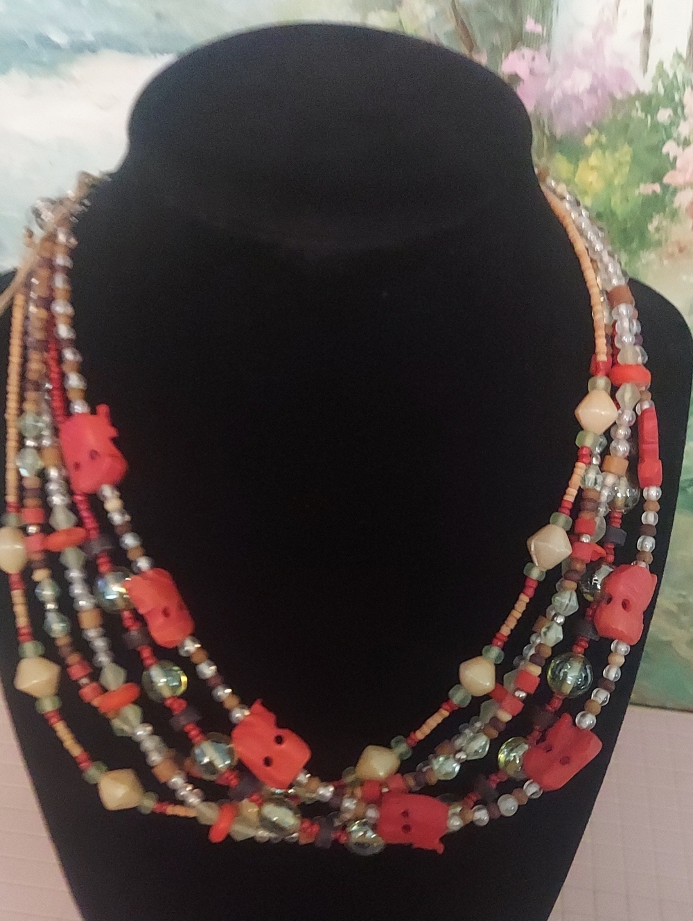 TK Multi-Strand Red Beaded Statement Necklace Hand Crafted